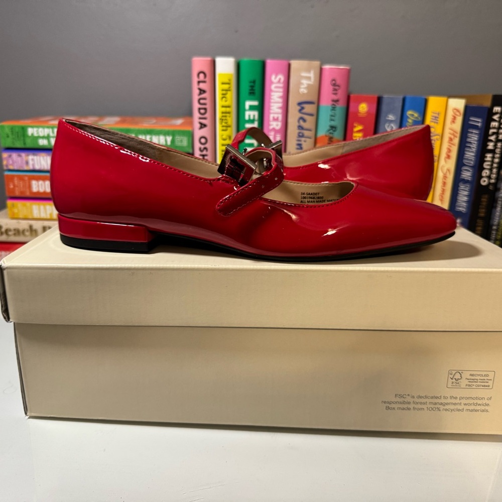 Chic Red Patent Leather Buckle Ballet Flats - Picture 2 of 5